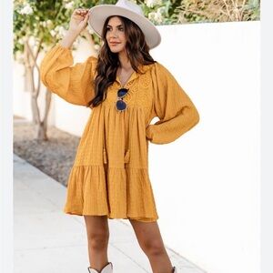 Pink Lily - Perfectly You Mustard Lace Detail Mini Dress